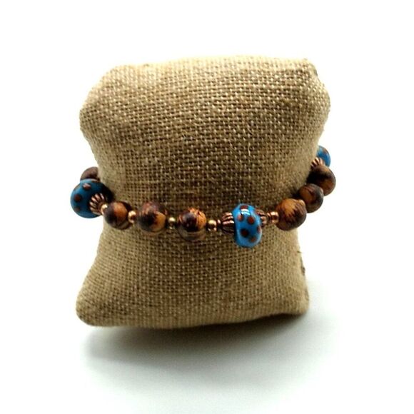 Artisan Koa Bracelet-Anklet Glass Lampwork Beads Copper-tone Spacers & Chain - Picture 10 of 11